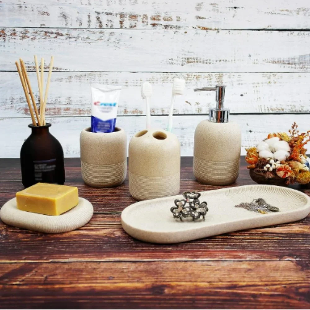 5 pc - Bathroom Accessory Set - Bathroom Decor  (Natural/Stone)
